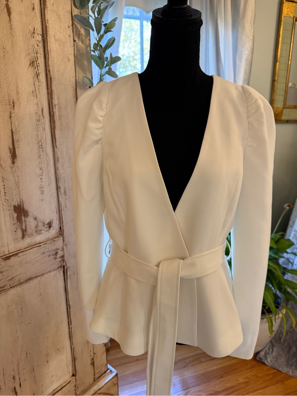 Greylin Anthropology Vneck White blazer with belt. Medium. Minimalist, modern